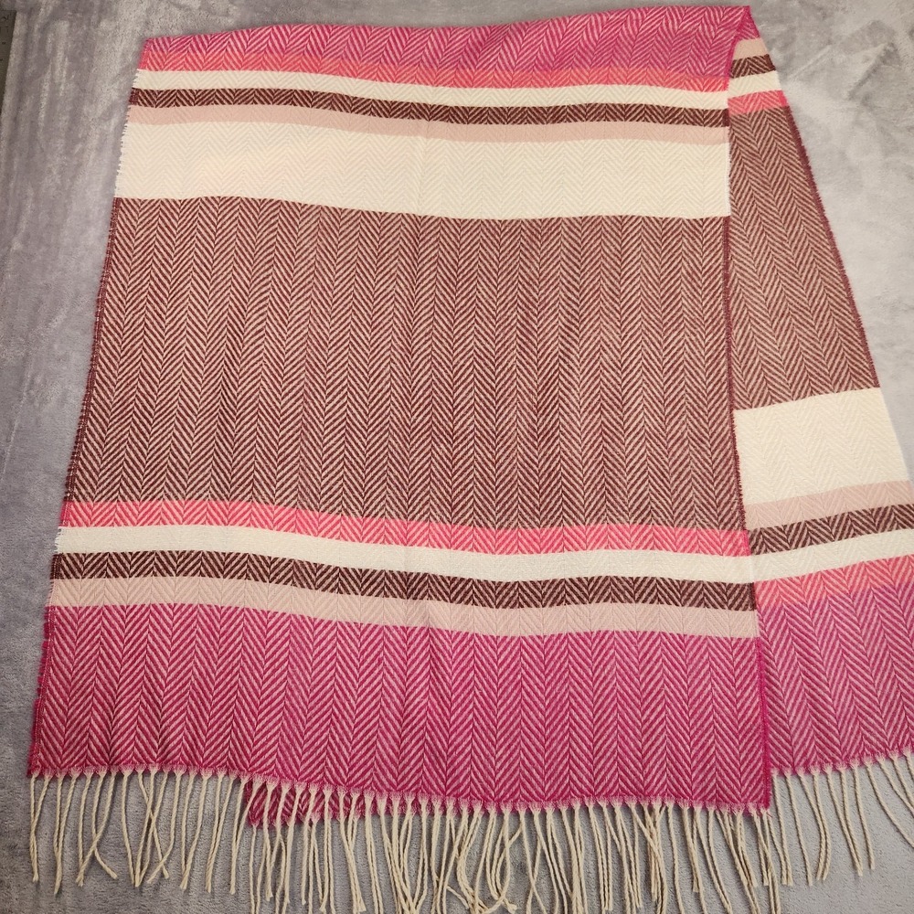 Woven Herringbone Stripe Scarf Pink Burgundy Cream Fringe Lightweight Boho Wrap